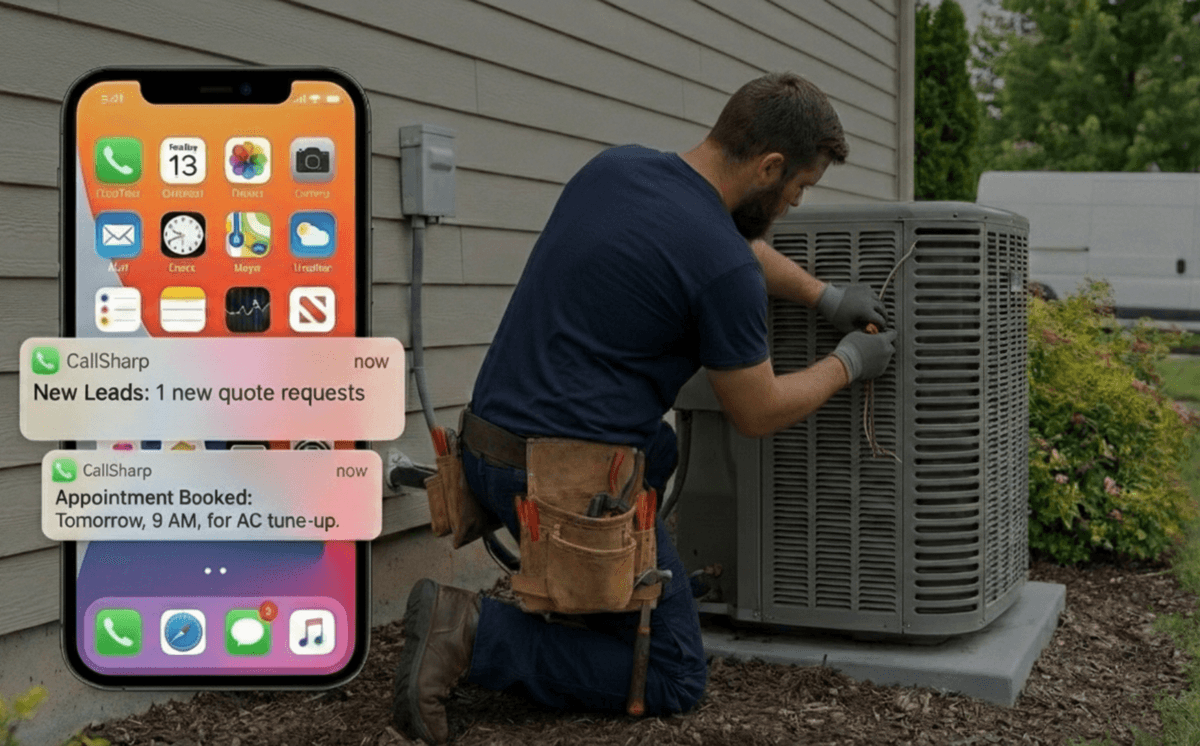 Home service contractor working with CallSharp AI notifications on phone